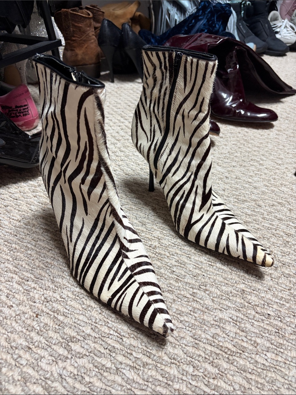 Zebra Print Pointed Toe Stiletto Ankle Boots - Black & White